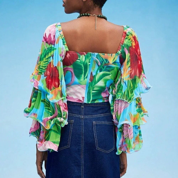 Green Boho Womens Tropical Print Lettuce Trim Layered Sleeve Crop Top - Picture 4 of 5